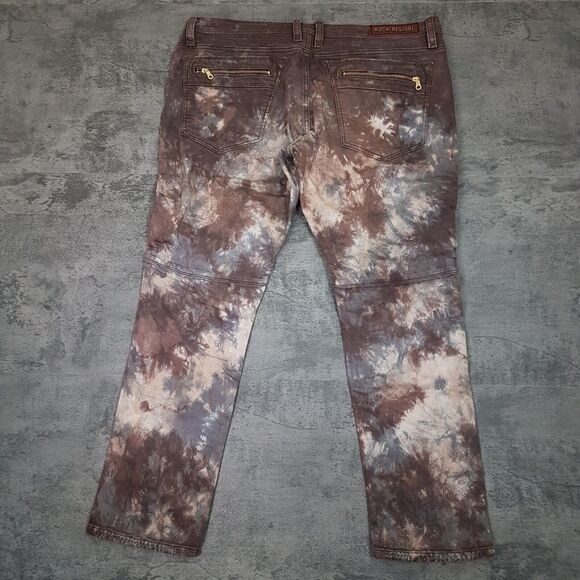 ROCK REVIVAL Daviday Moto Acid Wash Tie Dye Denim Jeans Mens Size 42x32 Brown - Picture 2 of 9